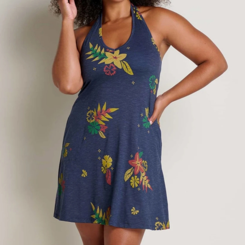 Toad & Co Plumeria Halter Dress Stretchy Pockets Above Knee Built In Bra Large - Picture 7 of 7